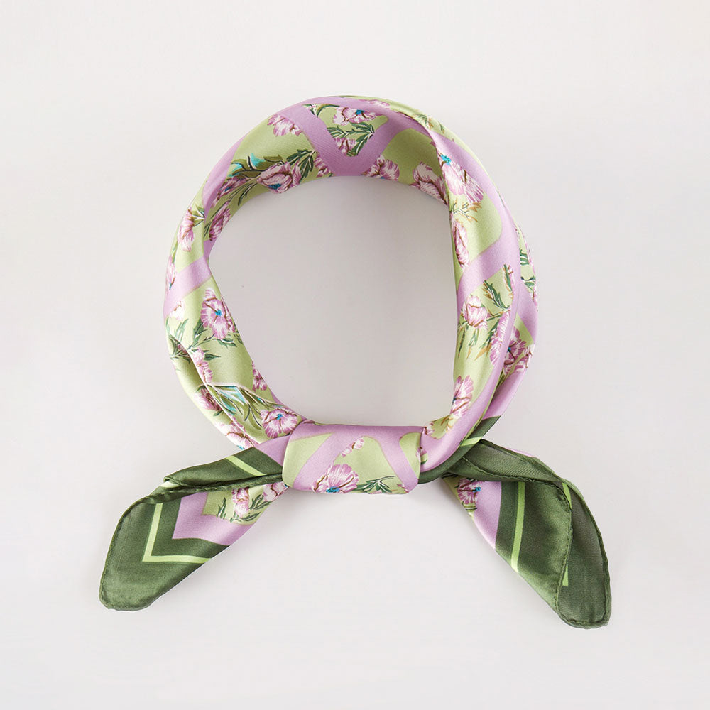Pink & Green Printed Square Silky Satin Bandana Scarf