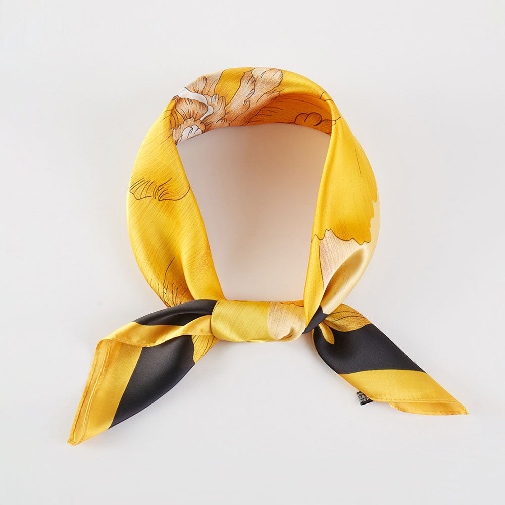 Mustard Flower Printed Square Silky Satin Bandana Scarf