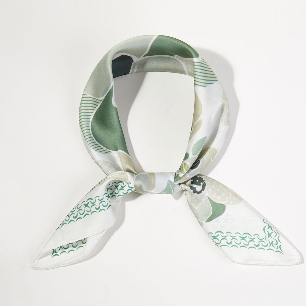 Olive Green Flower Pattern Printed Square Silky Satin Bandana Scarf