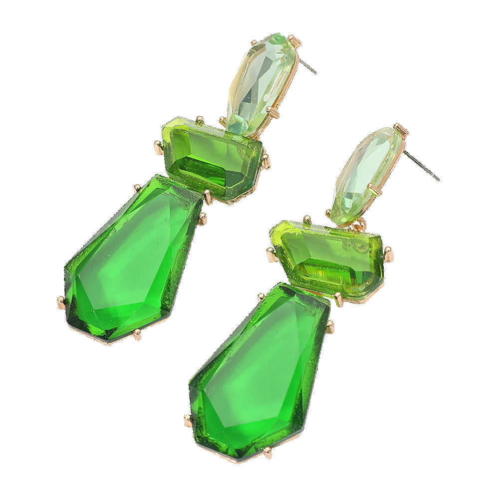 Green Geometric Three Stone Cluster Drop Earrings