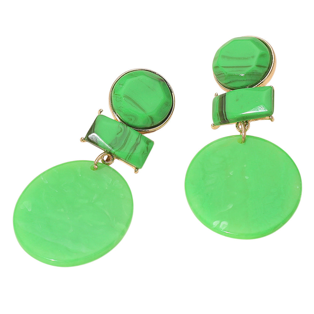 Green Marbled Resin Geometric Disd Drop Statement Earrings