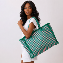 Load image into Gallery viewer, Pink &amp; Green Terry Cloth Frayed Shoulder Tote Bag
