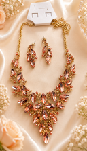 Load image into Gallery viewer, Peach Gold Tone Crystal Bib Necklace and Earring Set
