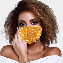 Load image into Gallery viewer, Mustard color Pearl Stone Embellished Fashion Mask
