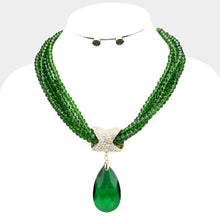 Load image into Gallery viewer, Emerald Twisted Beaded Rhinestone &amp; Glass Crystal Teardrop Ornate Necklace
