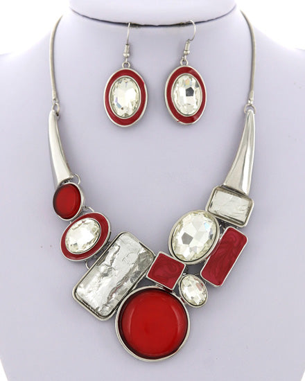 Red & Rhinestone Acrylic Necklace & Earring Set
