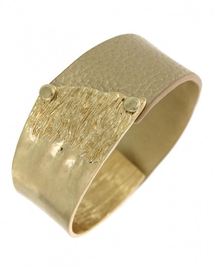 Worn Gold Hammered Leatherette Band Bracelet