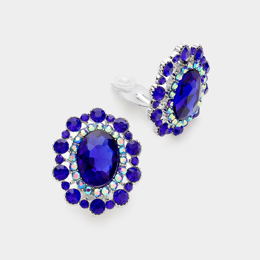 Royal Blue Oval Stone Accented Clip On Evening Earrings