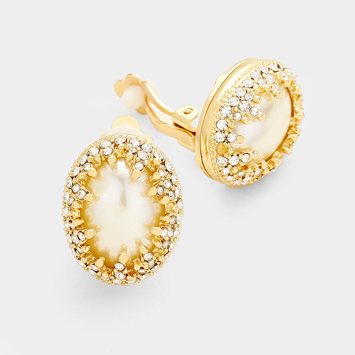 Pave Rhinestone Oval Pearl Clip On Earrings