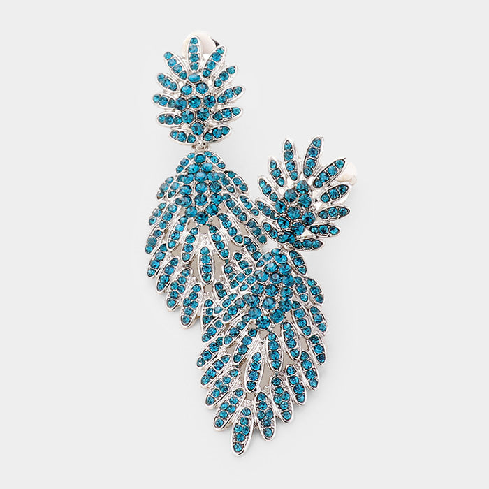 Blue Feather Pave Clip On Earrings