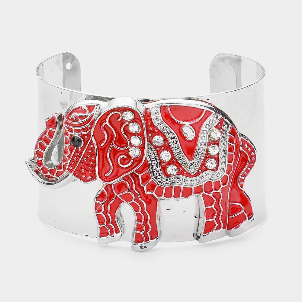 Red Stone Embellished Enamel Elephant Cuff Bracelet