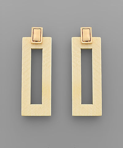 Ivory/Gold Rectangle Wood Earrings