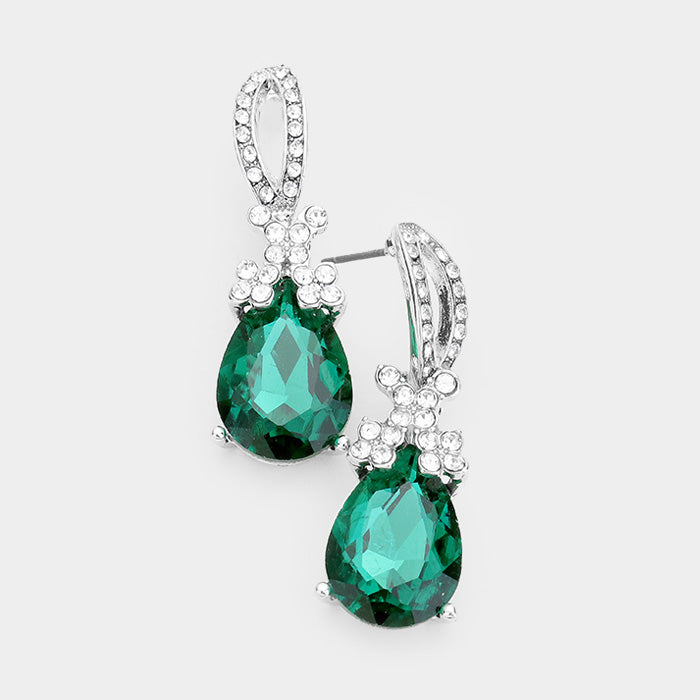 Green Teardrop Crystal Rhinestone Evening Earrings