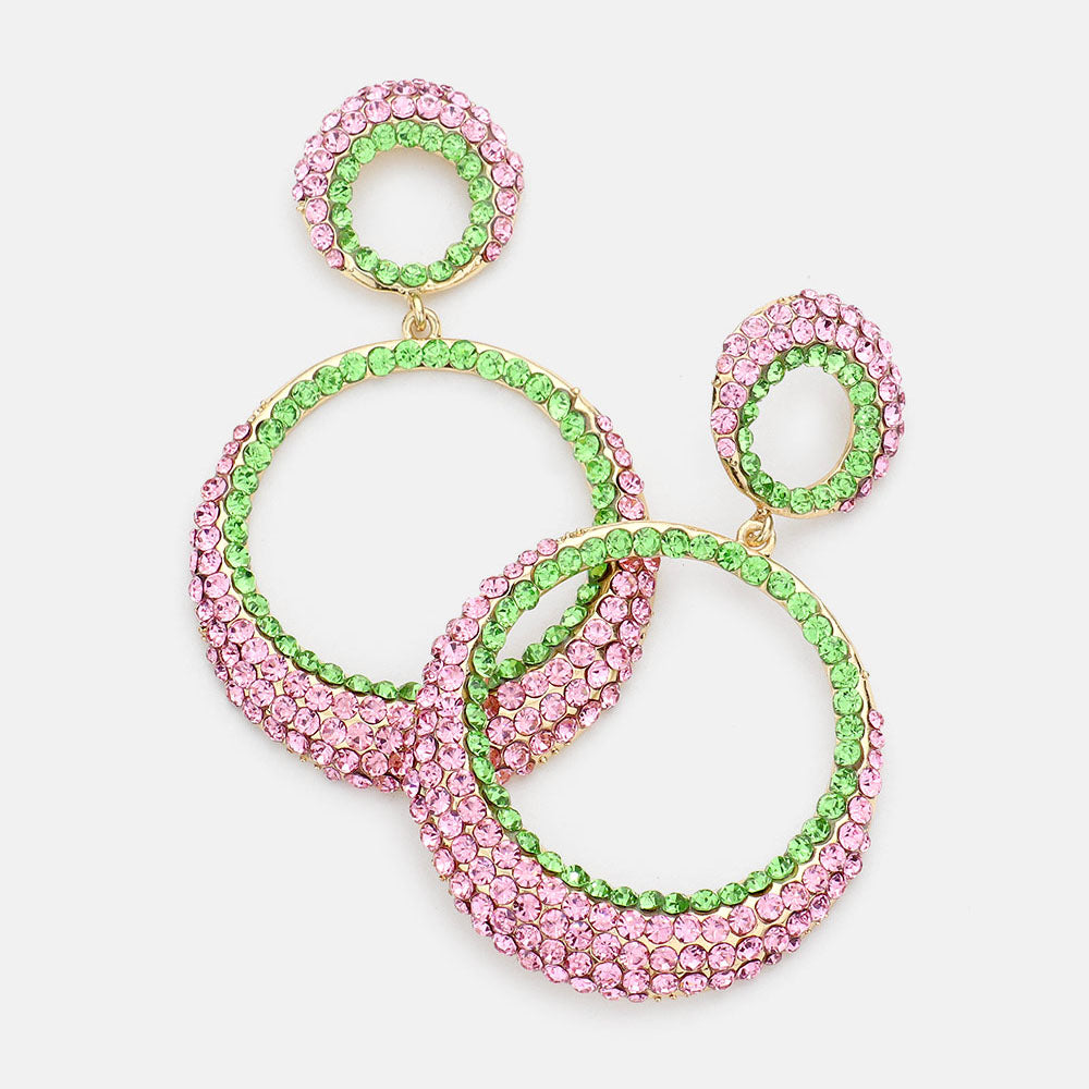 Pink & Green Rhinestone Embellished Double Open Circle Dangle Evening Earrings