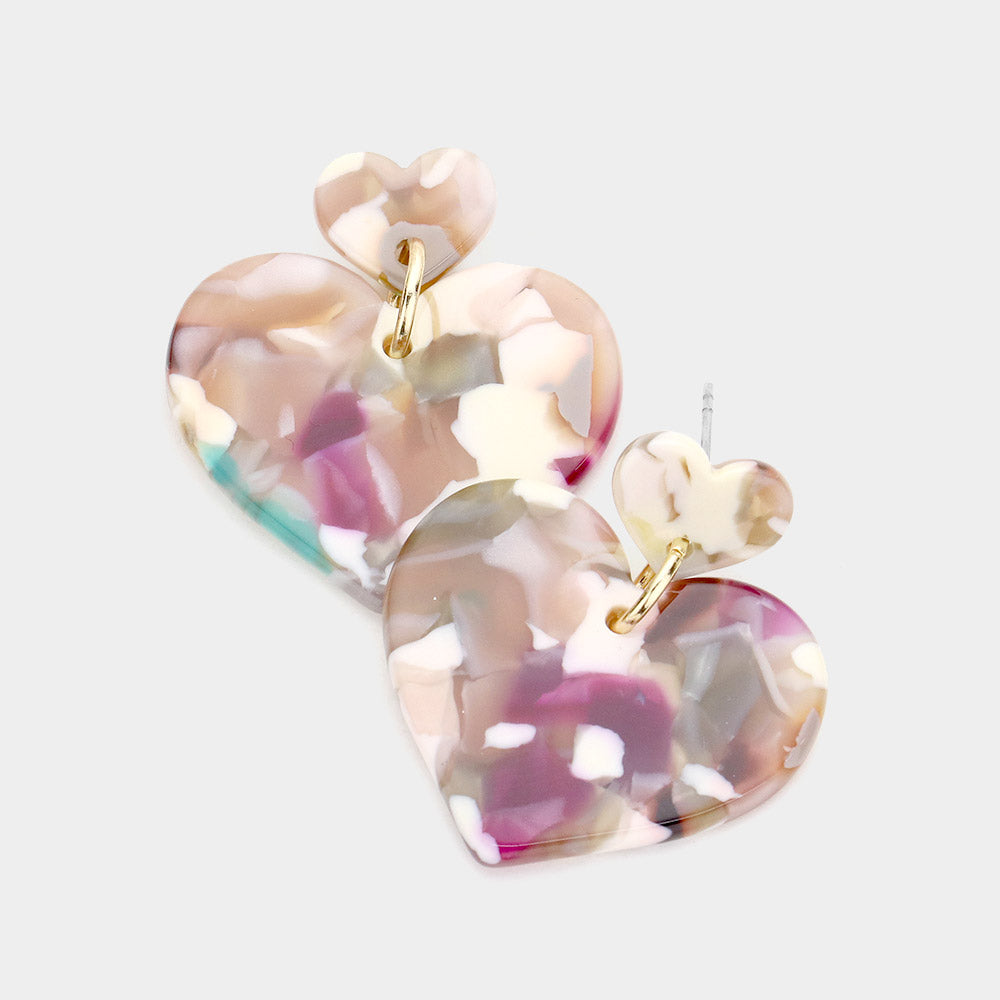 Gold Accent Celluloid Acetate Double Heart Link Dangle Earrings