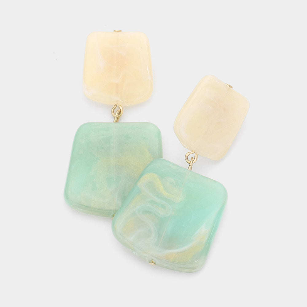 Green Marbled Double Square Link Dangle Earrings