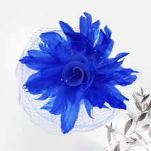 Load image into Gallery viewer, Royal Blue Mesh Flower Feather Fascinator/Headband
