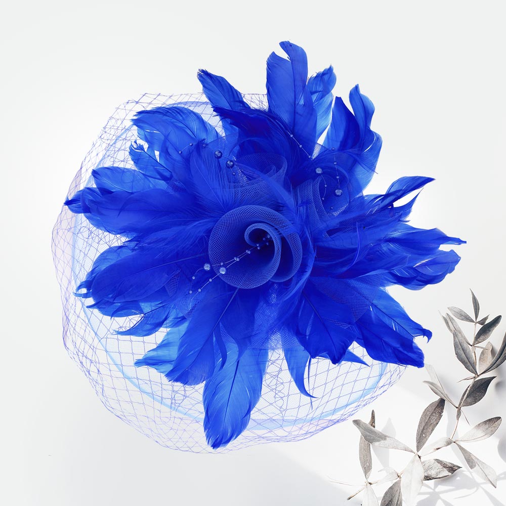 Royal Blue Mesh Flower Feather Fascinator/Headband