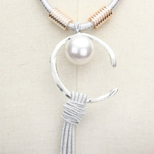 Load image into Gallery viewer, Silver Pearl Abstract Metal Accented Cord Long Drop Necklace
