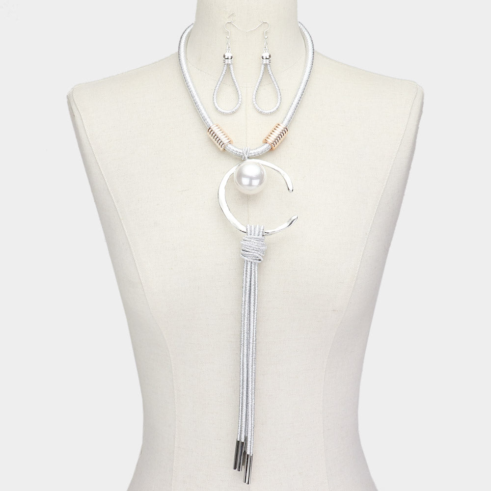 Silver Pearl Abstract Metal Accented Cord Long Drop Necklace