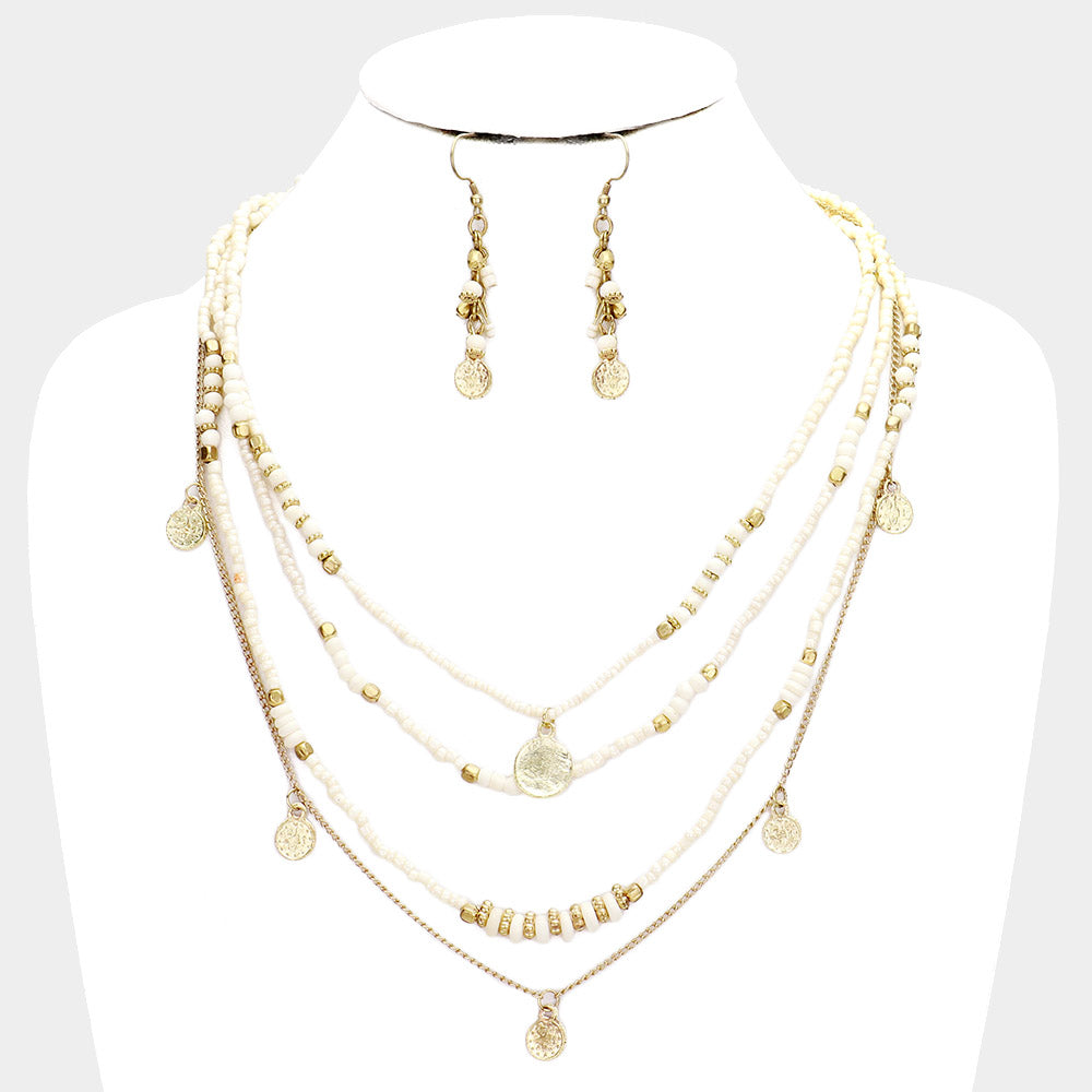 Gold & White Multi Bead Round Metal Layered Necklace