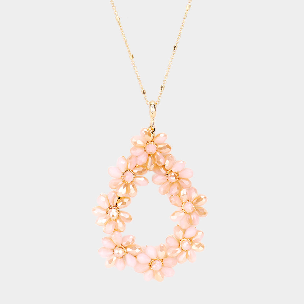 Pink Beaded Flower Cluster Pendant Long Necklace