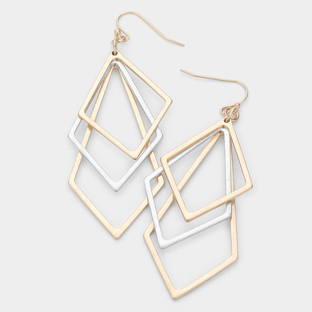 Geometric Triple Angled Open Worn Gold & Silver Metal Layered Dangle Earrings