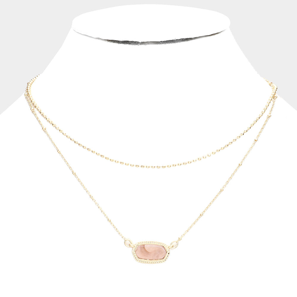 Pink & Gold Marbled Hexagon Pendant Double Layered Necklace