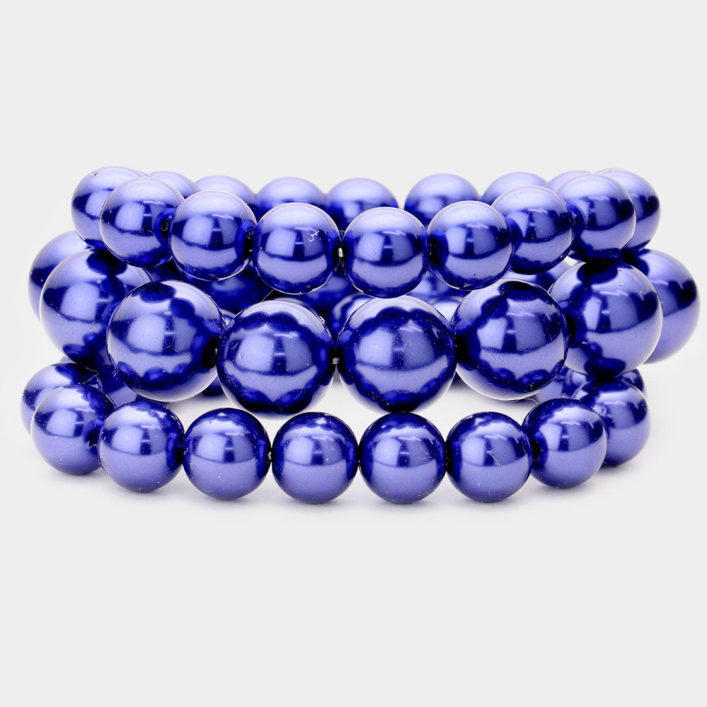 Royal Blue 3pcs - Stackable Pearl Stretch Bracelets