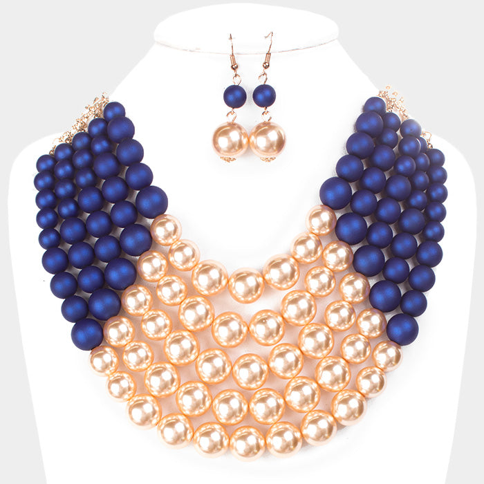 Blue & Cream Chunky Multi Strand Pearl Bib Necklace Set