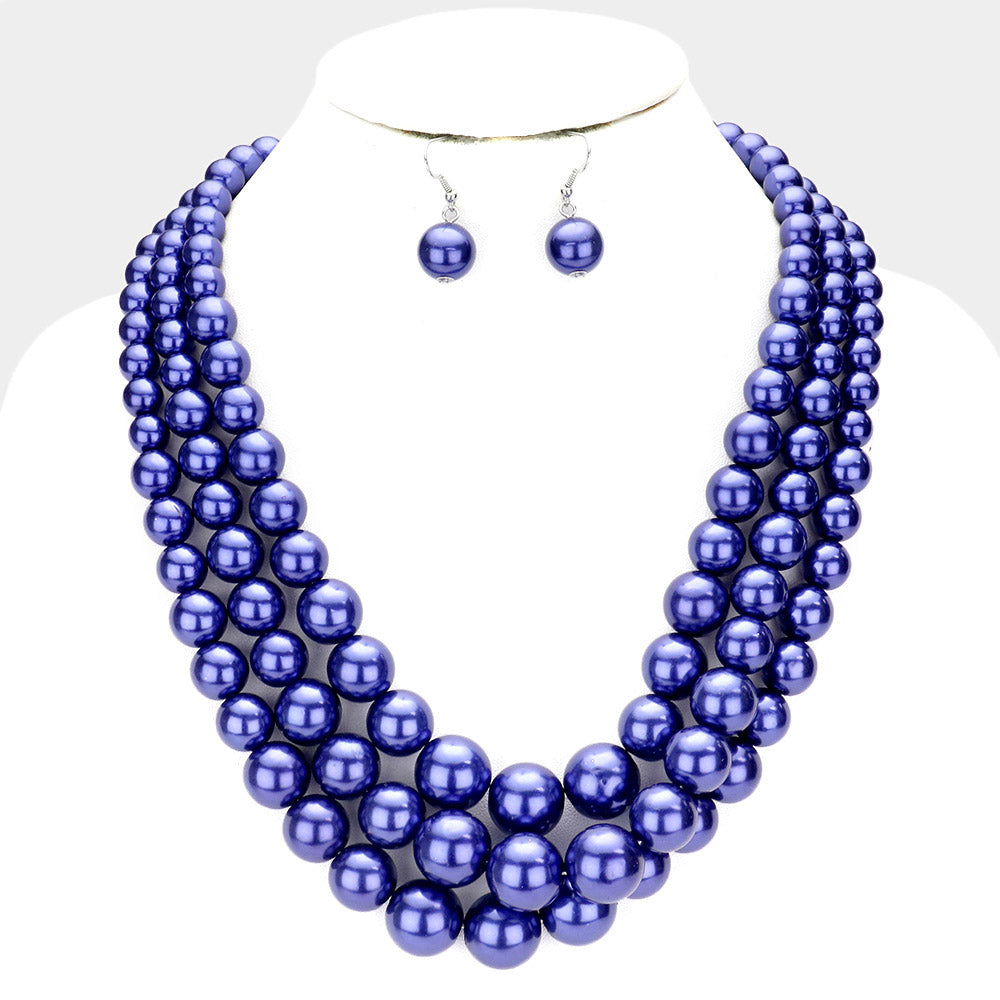Royal Blue Triple Strand Pearl Necklace