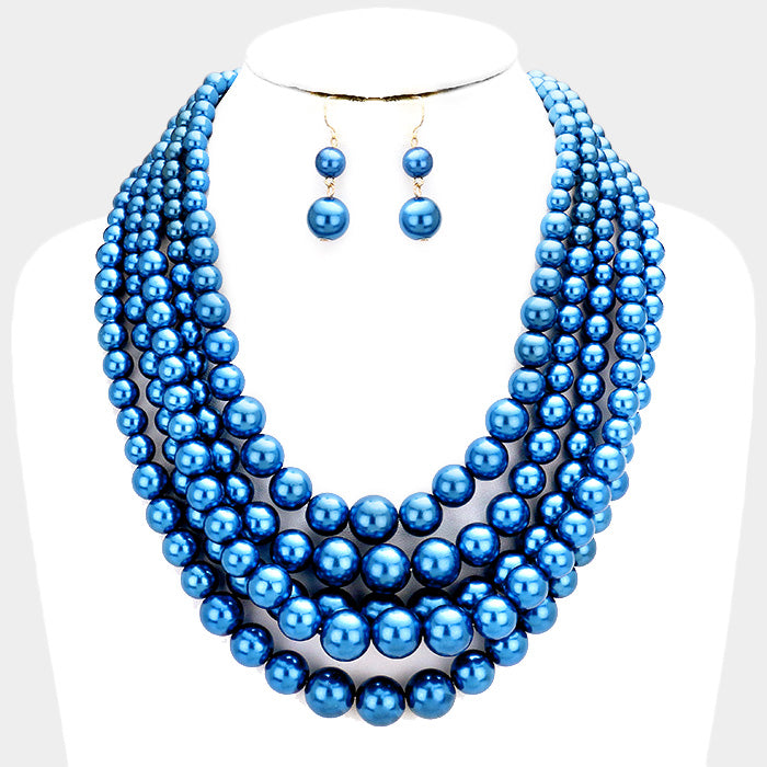 Royal Blue 5 Row Strand Pearl Necklace Set